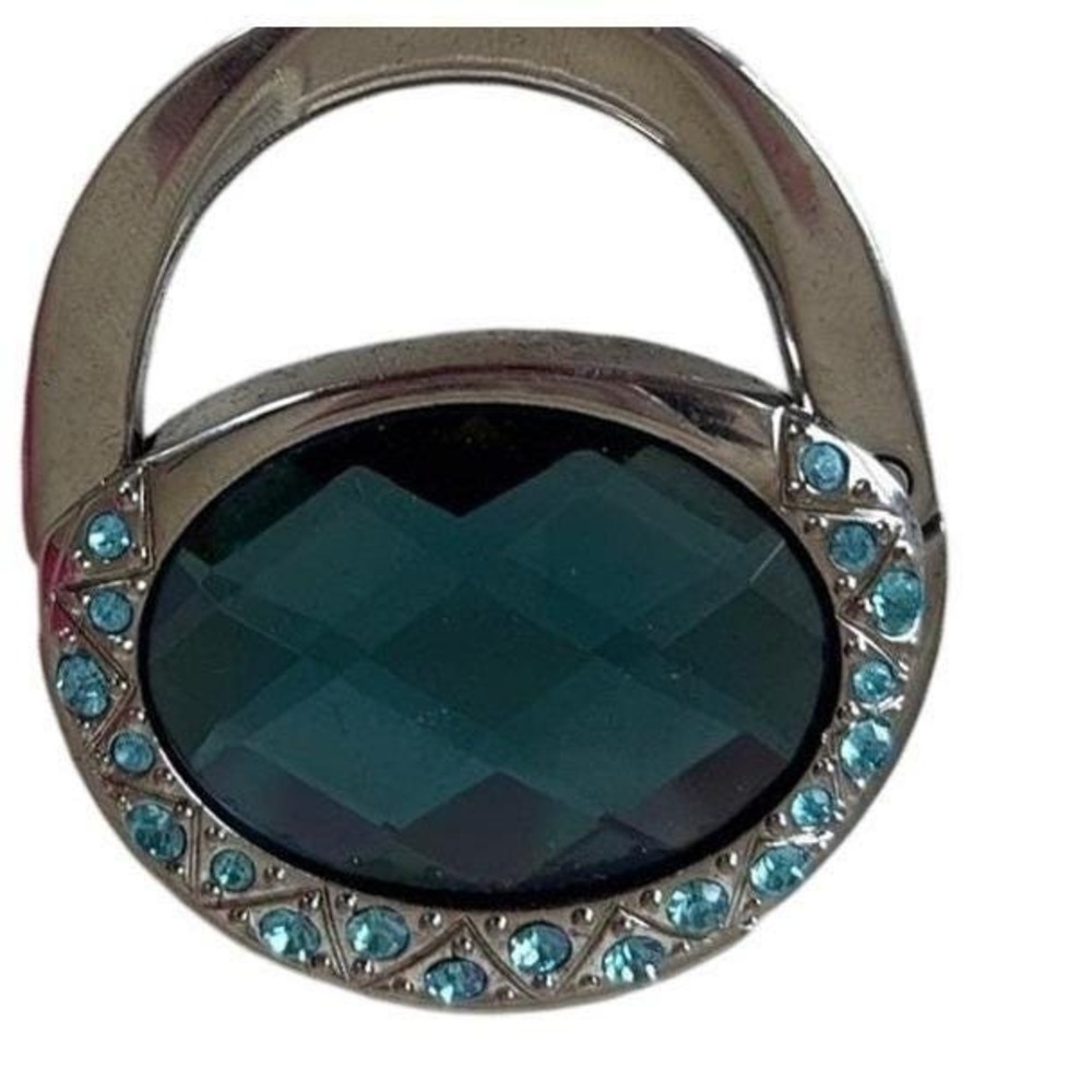 Teal Blue Crystal Folding Purse Hook Handbag Hanger with Rhinestone Halo Accent